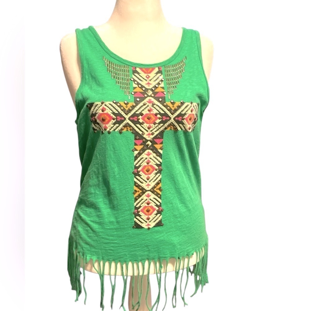 Vocal Brand Green Embellished Y2K Winged Cross Fringe tank top